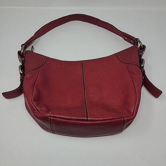 Fossil Dark Red Pebbled Leather Hobo Shoulder Bag Gold Hardware Bag - Picture 6 of 8